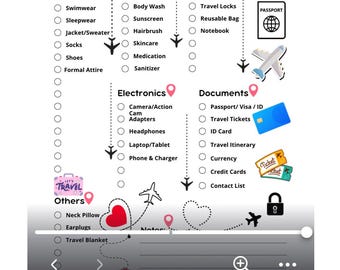 Lista de verificação para arrumar a mala na viagem (imprimível) | Lista de itens essenciais para as férias | Planejador de viagem | Download digital