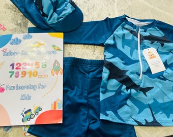 Conjunto de biquíni azul para crianças de 18 a 24 meses + pacote de livros de colorir infantis