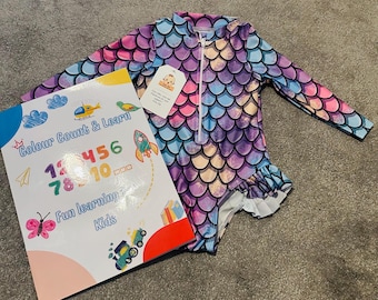 Conjunto para Bebê Menina com Maiô Sereia + Livro de Colorir (12 a 18 meses)