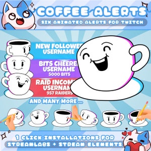 Coffee Cartoon Alerts for Twitch Streamers / Follow - Subscriber - Bits - Donation - Gift - Raid / Sound / Shows Usernames / 1 Click Install