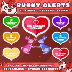 Bunny Rabbit Alerts for Twitch Streamers / Follow - Subscriber - Bits - Donation - Gift - Raid / Sound / Shows Usernames / 1 Click Install