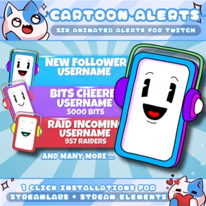 Cartoon Alerts for Twitch Streamers / Follow - Subscriber - Bits - Donation - Gift Sub - Raid / Sound / Displays Usernames / 1 Click Install