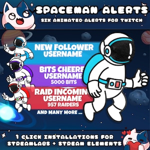 Alertas de dibujos animados espaciales para transmisores de Twitch / Seguir - Suscriptor - Bits - Donación - Regalo - Incursión / Sonido / Muestra nombres de usuario / Instalar con 1 clic