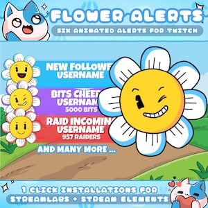 Flower Cartoon Alerts for Twitch Streamers / Follow - Subscriber - Bits - Donation - Gift - Raid / Sound / Shows Usernames / 1 Click Install