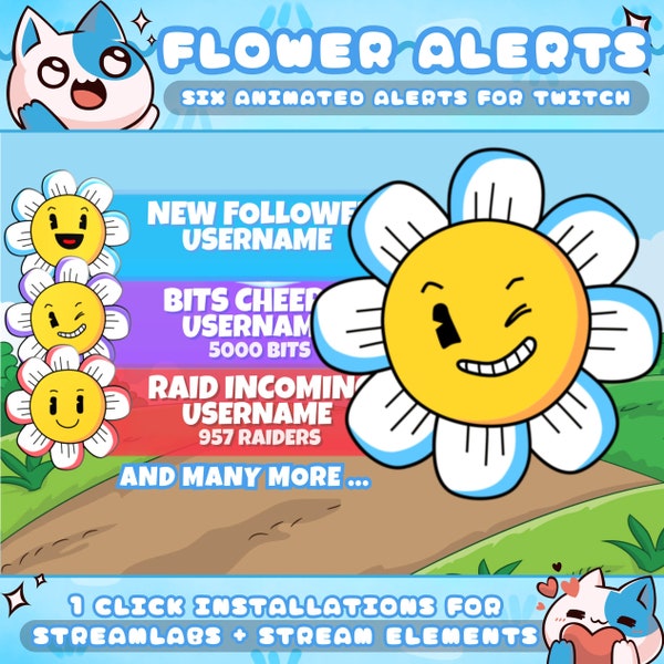 Flower Cartoon Alerts for Twitch Streamers / Follow - Subscriber - Bits - Donation - Gift - Raid / Sound / Shows Usernames / 1 Click Install