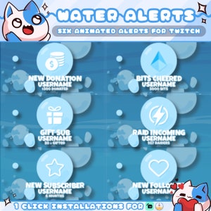 Water Alerts for Twitch Streamers / Follower - Subscriber - Bits - Donation - Gift Sub - Raid / Sound / Displays Usernames / 1 Click Install