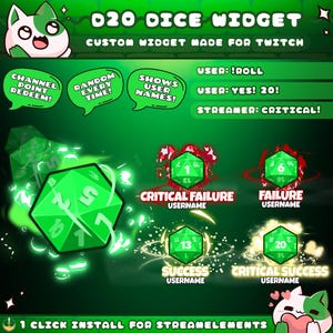 20 Sided Green Dice Roll Widget for Twitch Streamers | Chat Command | Resizeable | Animated | Game | Sound | Streamelements 1 Click Install