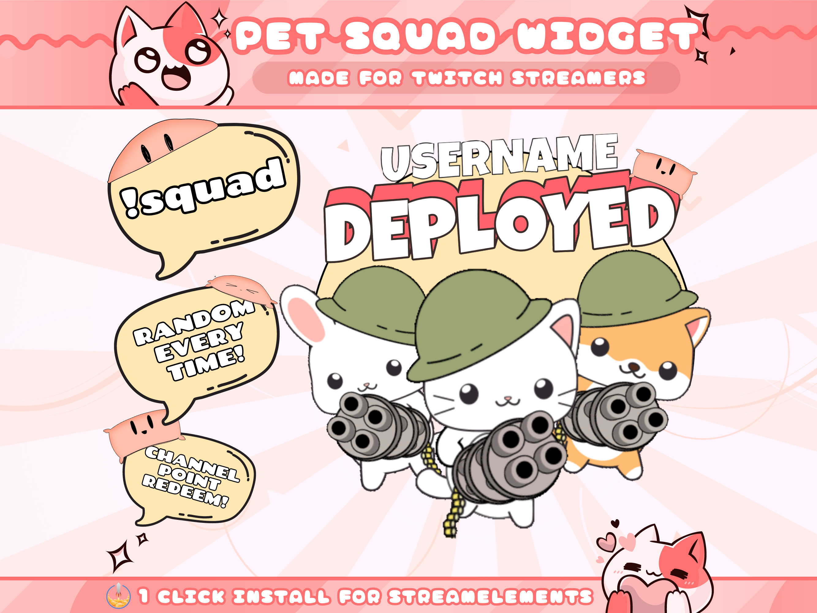Pet Squad Widget for Twitch Streamers | Random | Chat Command | Animated | Sound | Displays Usernames | Streamelements | 1 Click Installs