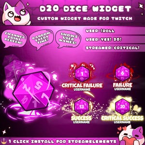 20 Sided Pink Dice Roll Widget for Twitch Streamers | Chat Command | Resizeable | Animated DnD Game | Sound | Streamelements 1 Click Install