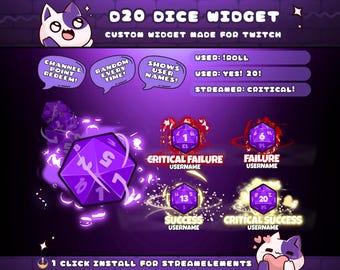 20 Sided Purple Dice Roll Widget for Twitch Streamers | Chat Command | Resizeable | Animated | Game | Sound | Streamelements 1 Click Install
