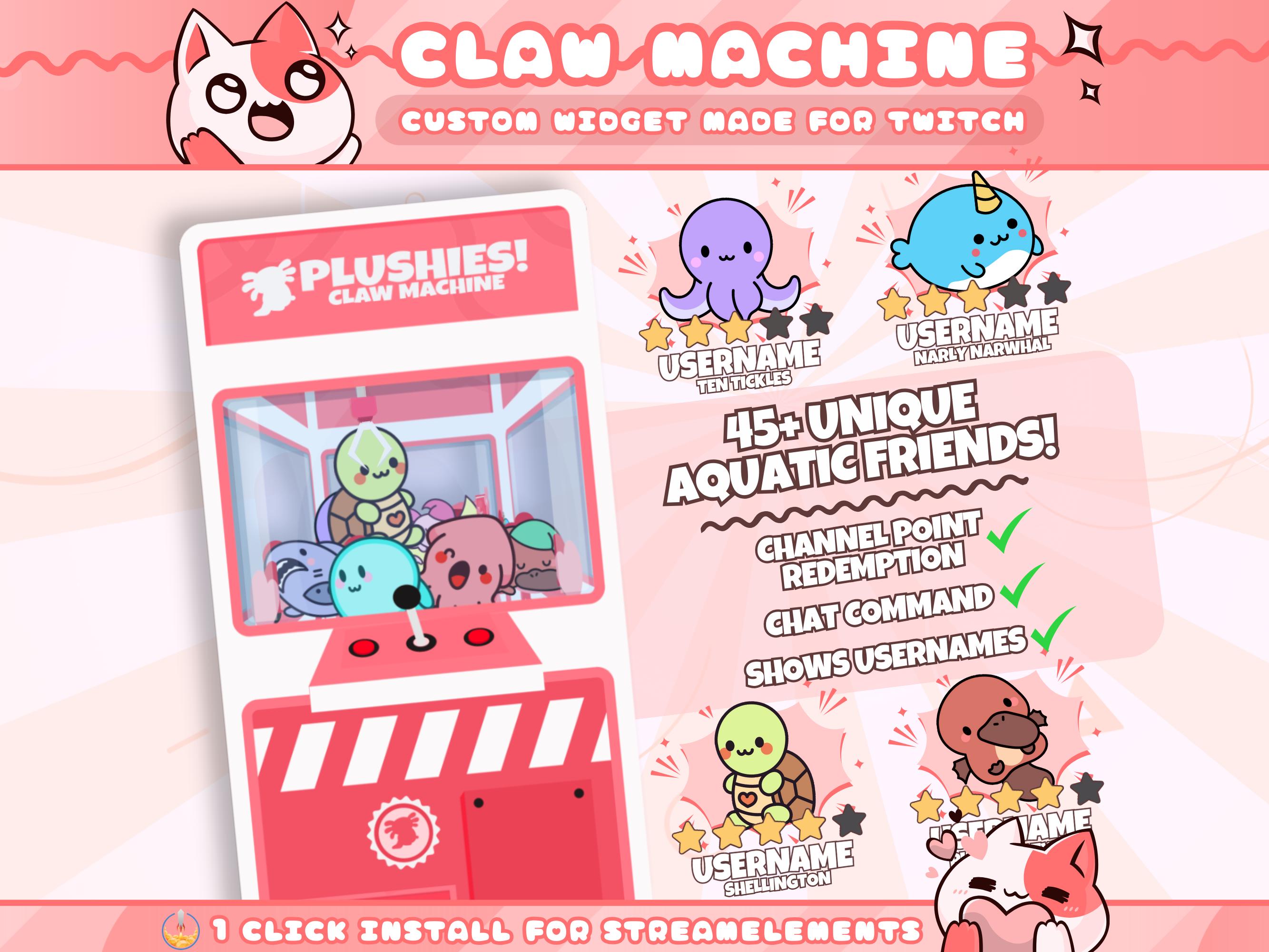 Aquatic Plushies Claw Machine Widget for Twitch Streamers | Chat Command | Resizeable | Animated Game | Sound | Streamelements 1 Click Setup