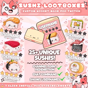 Sushi Random Lootbox Widget for Twitch Streamers | Chat Command | Resizeable | Animated | Game | Sound | Streamelements | 1 Click Install