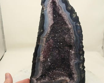 Colorful 13.60" Tall Blue Agate Purple Amethyst Quartz Cathedral Geode from Brazil, 16.80 Pounds