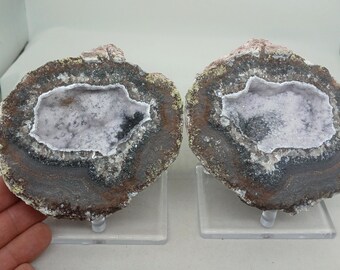 Very Sparkly Quartz Lined Matching 4.20" Mexican Coconut Choyas Geode Pair, 2.46 Pounds