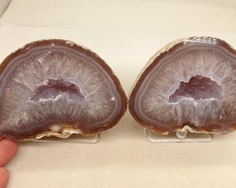 Nice Agate Banding Matching 4.15" Cut Polished Brazilian Agate Quartz Geode Pair, 2.43 Pounds