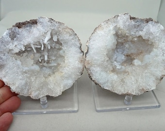 Matching Quartz & Chalcedony 4.20" Fluorescent Mexican Trancas Chihuahua Geode Pair, 2.18 Pounds