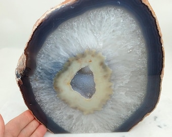 Quality 9.35" Tall Cut Polished Brazilian Agate Quartz Geode with Cut Base, 14.51 Pounds