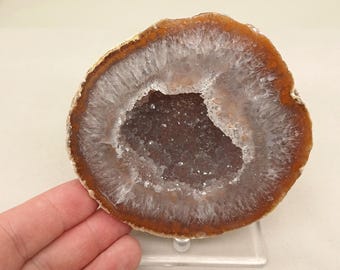 Very Sparkly 4.30" Cut Polished Brazilian Agate Quartz Geode Half, 1.31 Pounds
