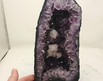 Quality 12.60" Tall Combination Purple Amethyst Quartz & Calcite Cathedral Geode from Brazil, 12.80 Pounds
