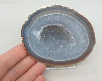 Classic 4.10" Cut Polished Brazilian Agate Quartz Geode Half, 1.07 Pounds