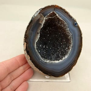 May include: A polished, open geode with a dark, crystal-filled interior. The outer edge features bands of brown, gray, and blue. The geode is displayed on a clear stand, showcasing its natural beauty.