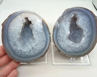 Colorful Matching 3.85" Cut Polished Brazilian Agate Quartz Geode Pair, 2.69 Pounds