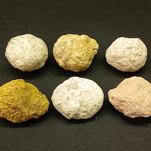 Puede incluir: Seis piedras texturizadas de forma irregular, en tonos blanco, amarillo y rosa, dispuestas sobre una superficie negra. Las piedras parecen naturales, con una superficie rugosa y desigual.