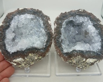 Brown Rimmed Matching 4" Quartz Lined Mexican Coconut Choyas Geode Pair, 2.42 Pounds