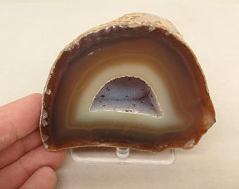 May include: A polished agate slice featuring concentric bands of brown, tan, and cream colors surrounding a central hollow cavity lined with small, sparkling light blue crystals. The specimen is displayed on a clear acrylic stand.