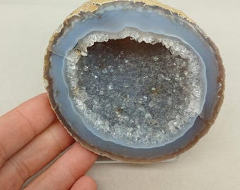 Classic, Very Hollow 3.90" Cut Polished Brazilian Agate Quartz Geode Half, 1.13 Pounds
