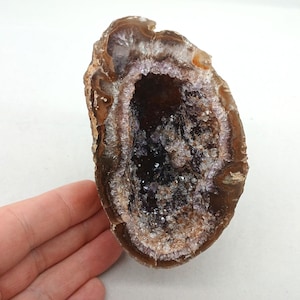 Very Hollow 4&quot; Diameter Cut Polished Brazilian Agate Quartz Geode Half, 1.19 Pounds
