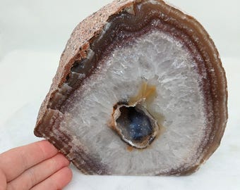Unique 7.15" Cut Polished Brazilian Agate Quartz Geode Half with Cut Base, 9.30 Pounds