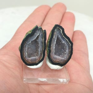 Op de afbeelding: Twee gepolijste agaatgeodes, elk met een donkergroene en zwarte buitenrand, een witte basis en een sprankelend kristallen interieur. De geodes worden gepresenteerd op een heldere, rechthoekige standaard, die hun natuurlijke schoonheid toont.