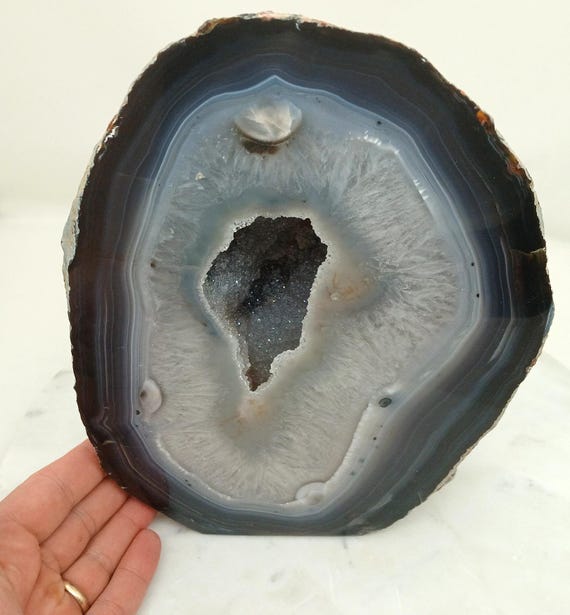 Nice Banded Agate 9.35" Tall Brazilian Agate Quartz Geode Half with Cut Base, 14.07 Pounds