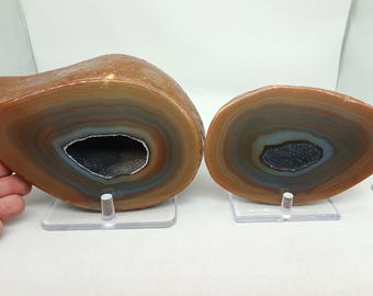 Excellent Agate Banding Matching Large 7.60" Brazilian Agate Quartz Geode Pair, 5.59 Pounds