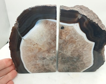 Pronounced Agate Band 7.85" Cut Polished Natural Brazilian Agate Quartz Bookend Set, 8.21 Pounds