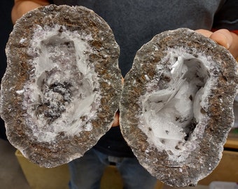 Large 5.50" Wafer Calcite Lined Mexican Coconut Choyas Geode Pair, 5.58 Pounds
