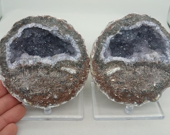 Very Sparkly Matching 4" Diameter Quartz Lined Mexican Coconut Choyas Geode Pair, 2.39 Pounds