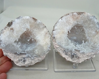 Matching 3.80" Fluorescent Mexican Trancas Chihuahua Quartz Chalcedony Geode Pair, 2.23 Pounds