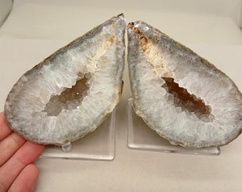 Matching Cut Polished 4.80" Brazilian Agate Quartz Geode Pair, 2.78 Pounds