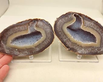 Quality Colorful Matching 4.65" Cut Polished Brazilian Agate Quartz Geode Pair, 2.27 Pounds