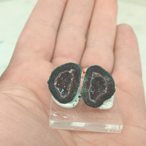 Op de afbeelding: Twee gepolijste geode schijfjes met donkerrode en paarse binnenkanten, omlijnd door zwart en groen. Ze zijn gemonteerd op een heldere, rechthoekige basis. De geoden tonen natuurlijke formaties met een aardse, unieke uitstraling.