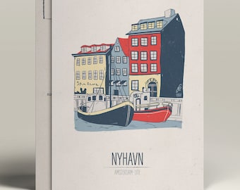 Illustrated Copenhagen A6  Postcard | Nyhavn