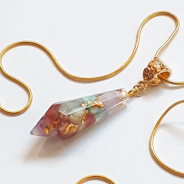 Orgonite Pendant with Auralite, Pink Tourmaline, Aquamarine and Gold flakes for Healing, Confidence, Purity, 5G and EMF protection!