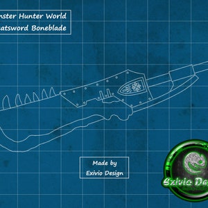May include: A blueprint design of a large sword called "Boneblade" from the Monster Hunter World video game. The sword is drawn in white lines on a blue background with a grid pattern. The text "Monster Hunter World" and "Greatsword Boneblade" is at the top of the image. The text "Made by Exivio Design" is at the bottom of the image.