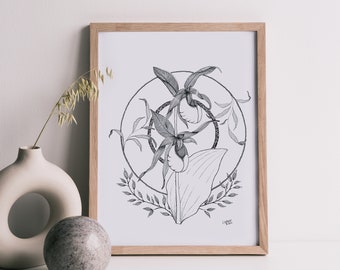 Estampado de zapatilla de dama // Estampado PEI // Arte floral // Blanco y negro // Arte minimalista