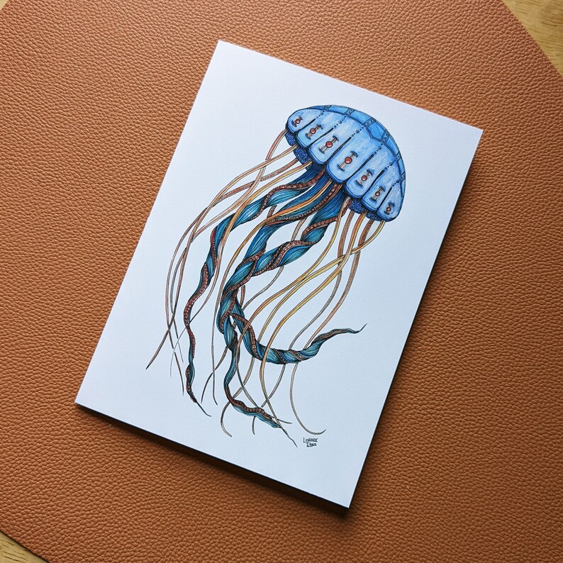 Puede incluir: Una medusa azul y naranja con detalles intrincados, dibujada en papel blanco. La medusa tiene un cuerpo en forma de campana con tent&aacute;culos que est&aacute;n dibujados en un patr&oacute;n de remolino.