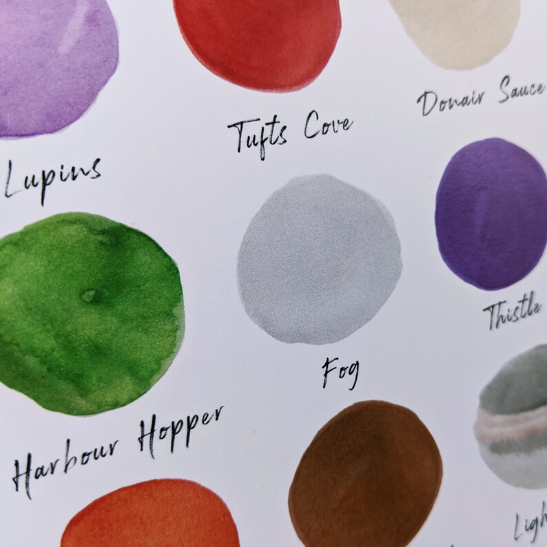 May include: A close-up of a collection of watercolour paint swatches with names like "Lupins", "Tufts Cove", "Fog", "Harbour Hopper", "Thistle", and "Donair Sauce".