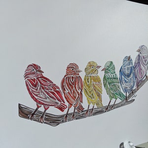 May include: A colorful illustration of six birds perched on a branch. The birds are arranged in a rainbow pattern, with red, orange, yellow, green, blue, and purple birds. The birds are drawn in a detailed, intricate style, with each feather and wing carefully rendered.