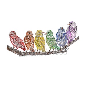 May include: Six colorful birds, each a different color of the rainbow, are perched on a branch. The birds are drawn in a detailed, intricate style, with each feather and detail carefully rendered.